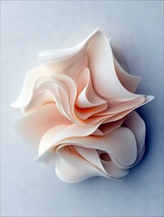 A delicate abstract sculpture made of layered, folded paper in soft peach and white hues, set against a textured light blue backdrop.