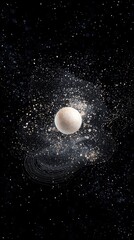 A light-colored sphere is centrally positioned, enveloped by a swirling cloud of golden and white dust particles and fine, dark threads against a black, star-sp