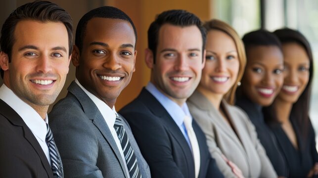 A diverse group of business professionals standing in a row, smiling and looking confident.
