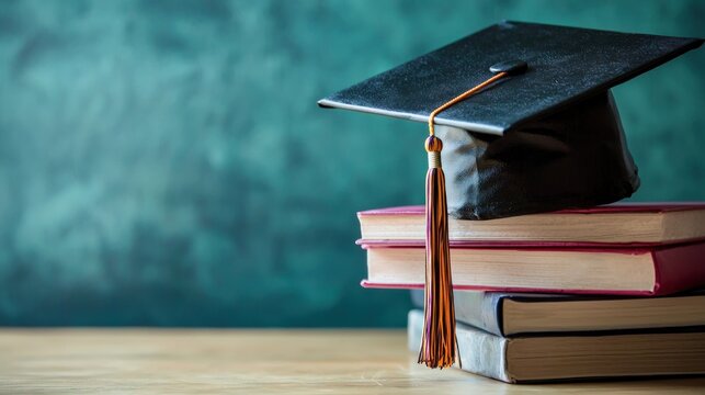 A graduation cap and books on a wooden table against a green chalkboard background.