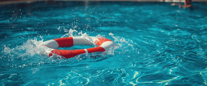 Feel the summer vibes with a vibrant pool scene and a life preserver, ideal for vacation promos or safety campaigns. Capture the essence of carefree fun. - Powered by Adobe