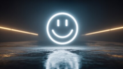 Radiant neon smiley face icon glows in a dark, moody futuristic tunnel with dramatic lighting and reflective floor, evoking positivity and modern vibes.