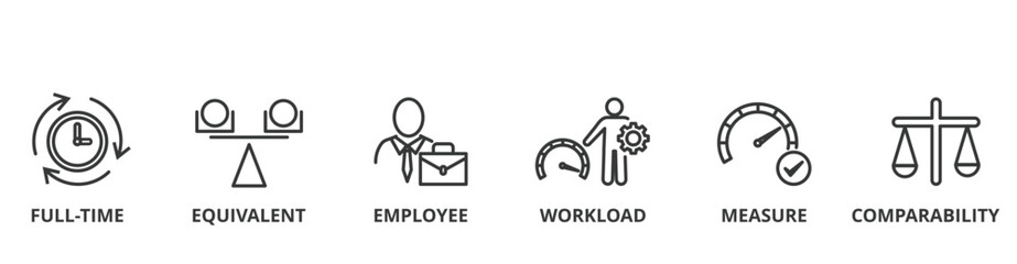 FTE banner vector illustration concept of full time equivalent with icon of full-time, equivalent, employee, workload, measure and comparability