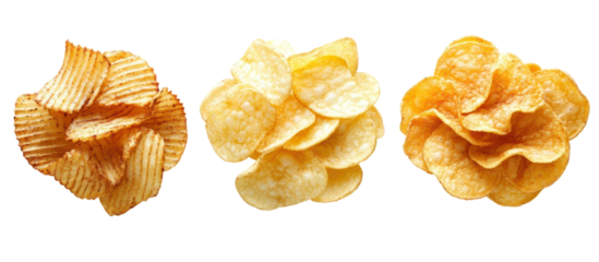 Three ruffled potato chips isolated on transparent background