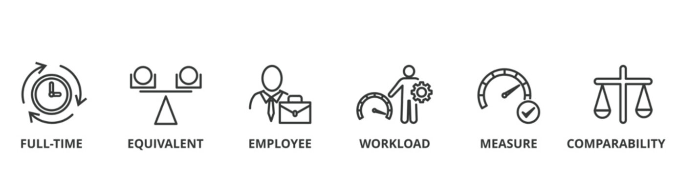 FTE banner vector illustration concept of full time equivalent with icon of full-time, equivalent, employee, workload, measure and comparability