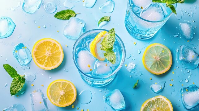 Two glasses of blue water with lemon slices and ice cubes on a blue background. The drink concept of refreshing and healthy. The image emphasizes the freshness and simplicity of the drink.