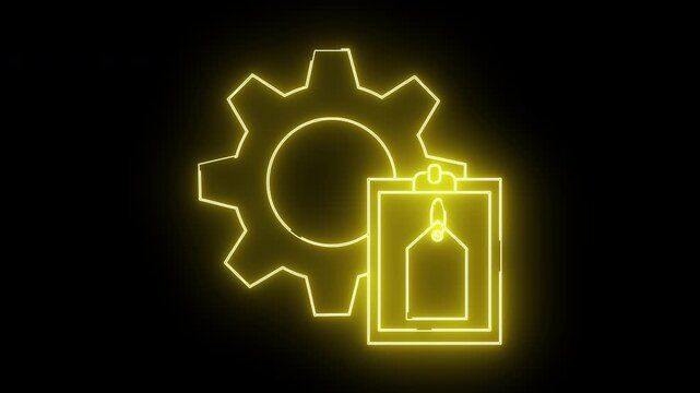 Yellow neon gear outline with clipboard  tag symbol against black