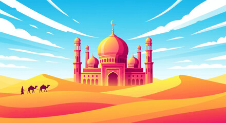 Middle Eastern Mosque on Sand Dunes Under Bright Blue Sky