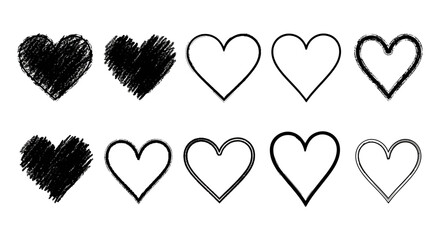 black hearts set hand-drawn scribbled outlined textures on white perfect for love romance and graphic design elements.