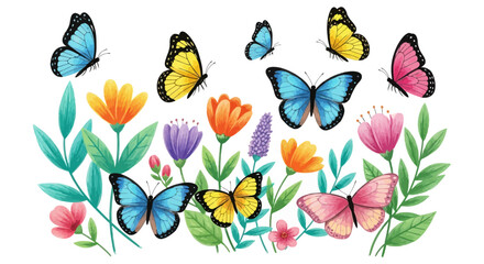 colorful butterflies and vibrant spring flowers watercolor illustration depicting natures beauty and growth ideal for cheerful seasonal design.
