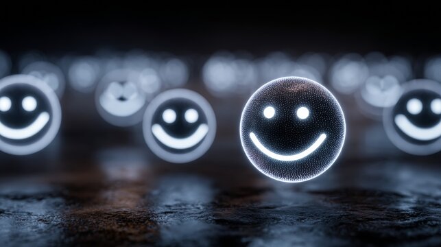 Captivating digital smiley faces glow with positivity, conveying joy and satisfaction in a modern, abstract setting, perfect for promoting happiness and customer delight.