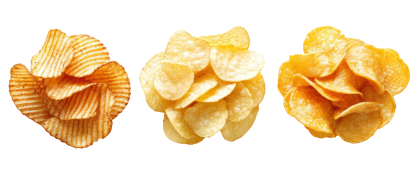 Three golden potato chips in the shape of flowers isolated on transparent background