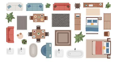 top view furniture collection for interior design planning featuring diverse modern household items ideal for architectural layout.