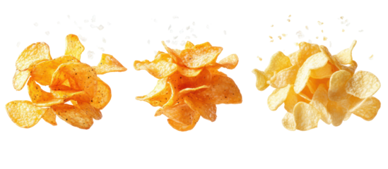 Three potato chips with salt sprinkles isolated on transparent background