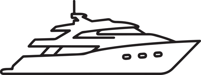 Luxury motor yacht silhouette side view line art icon representing modern nautical travel cruising and affluent water transport