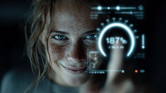 Intrigued young woman with freckles interacts with a futuristic holographic interface displaying glowing data and analytics