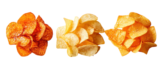 Three piles of potato chips isolated on transparent background