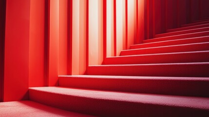 A red staircase with a red carpet leading to a bright light at the end.