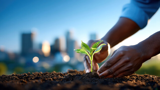 Young plant seedling cared by hands in urban garden with warm light nurturing growth