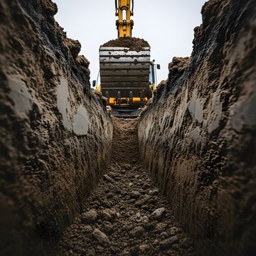 Excavator digging a trench construction equipment at work earthmoving operation
