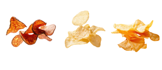 Piles of truffle chips tomato chips and onion chips falling on transparent background