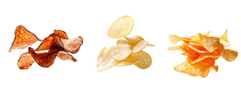 Piles of truffle chips tomato chips and onion chips falling on transparent background