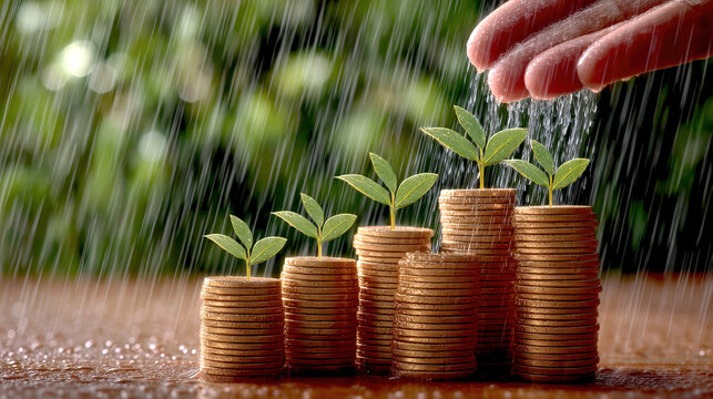 Seedling sprout growing from stacked coin columns under watering hand, sustainable finance growth and nurturing