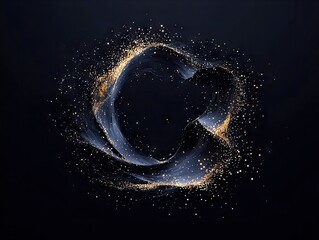 A dark, abstract background features a swirling pattern of light streaks and scattered golden glitter.