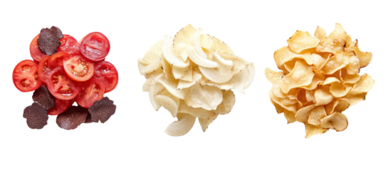 Piles of truffle chips tomato chips and onion chips side by side on transparent background