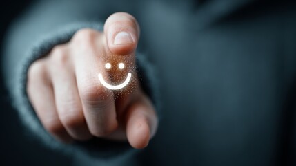 Confident individual selects positive feedback choosing a smiling emoji with glowing particles, representing excellent customer satisfaction and digital interaction.