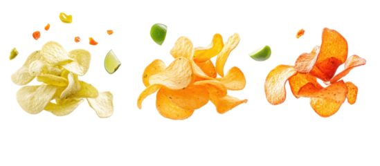 Piles of veggie chips sweet chili chips and lime chips falling on transparent background