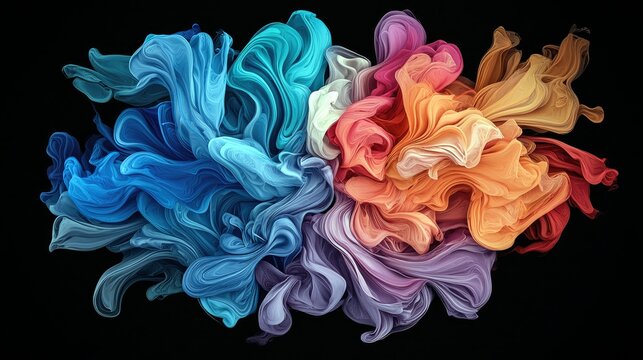A dynamic explosion of colorful, flowing fabric creates an abstract, organic shape against a stark black background. - Powered by Adobe