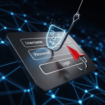 Cybersecurity vulnerability concept depicting data phishing attack with digital mask and