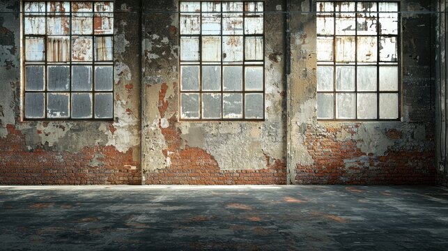 A dilapidated, industrial building with peeling paint and rusted metal. The windows are broken and the walls are covered in grime and rust.