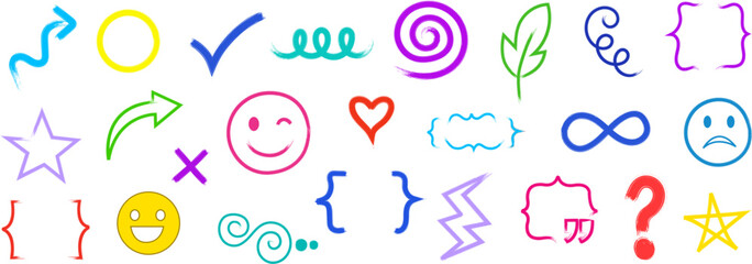 Colorful hand drawn doodle symbol collection with arrows brackets smiley infinity and decorative sketch elements set