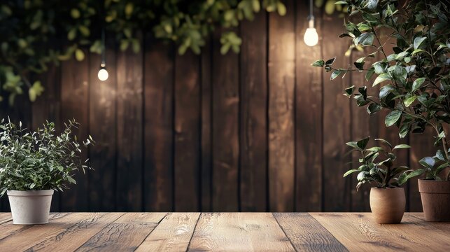 A wooden table with potted plants and hanging lights in a cozy, rustic setting.