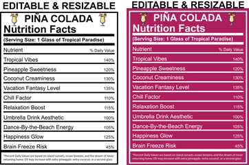 Piña Colada Nutrition Facts Label with Tropical Drink Graphics