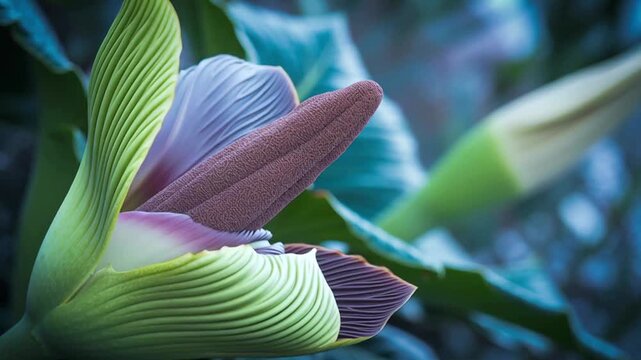 Vibrant close-up of an exotic arum lily flower blooming with intricate textures in a lush tropical setting, representing natural beauty concept and delicate flora.