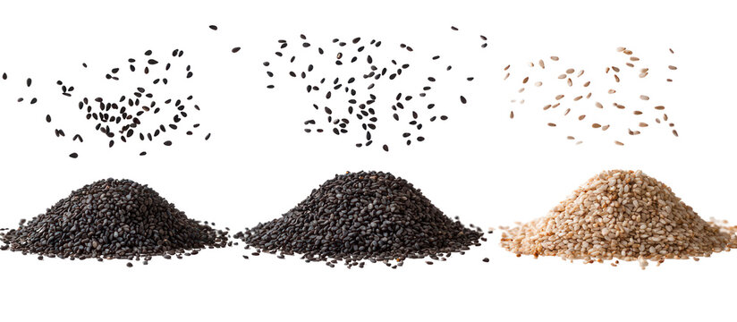 Three piles of black sesame seeds white sesame seeds and caraway seeds on transparent background