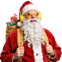 Santa Claus smiling with headphones and backpack full of gifts  