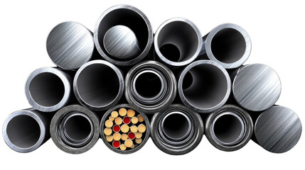 Group of Industrial Metal Pipes in Various Sizes Arranged with Decorative Elements Like Circles and Sticks