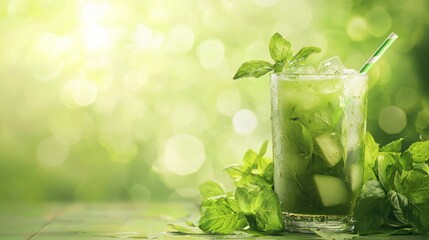 A refreshing green drink with mint leaves and ice cubes in a glass on a green table with a blurred green background.