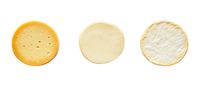 Three oval shaped cheese pieces isolated on transparent background