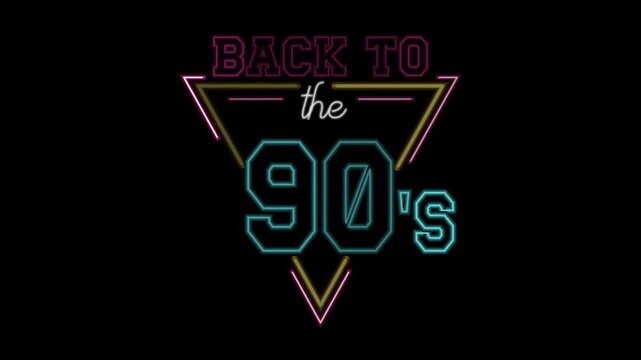 Animation of a neon sign reading back to the 90s. Back to 90s neon sign illuminating phrase in vibrant colors, perfect for nostalgic designs, retro-themed projects. Back to the 90s loop animation.