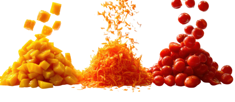 Three piles of colorful chopped vegetables falling isolated on transparent background - Powered by Adobe