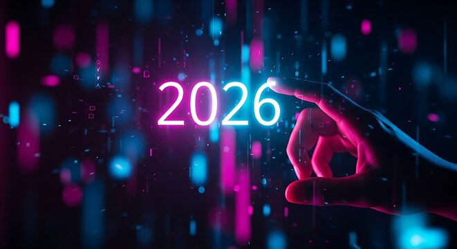 Hand touching glowing 2026 numbers in digital abstract background year finger