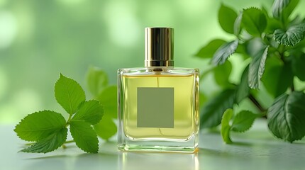 perfume bottle and green leaf with background