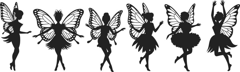 Fairy Silhouette Vector Illustration Set, Magical Butterfly Wings, Cute Fantasy Pixie Character, Dancing Nymphs, Fairytale Figures, Digital Cut File