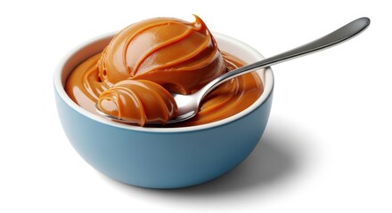 Delectable caramel delight swirls invitingly in a serene blue bowl presentation on a clean white
