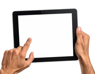 Male hands holding a digital tablet with a blank screen, finger tapping it. Isolated on transparent background.